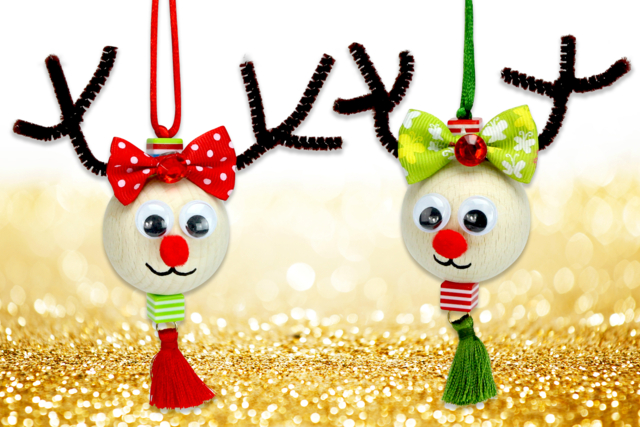 Suspension renne de Noël avec une grosse perle en bois - Perles Bois - 10doigts.fr