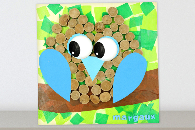 Tableau hibou avec du bois flotté et du papier de soie - Supports plats en bois - 10doigts.fr