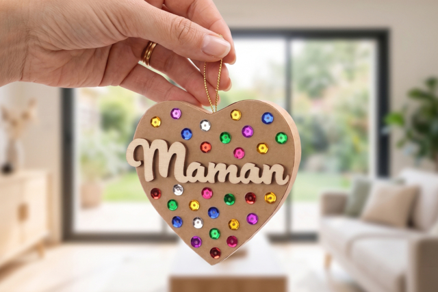 Un cœur étincelant pour Maman - Déco en bois brut - 10doigts.fr